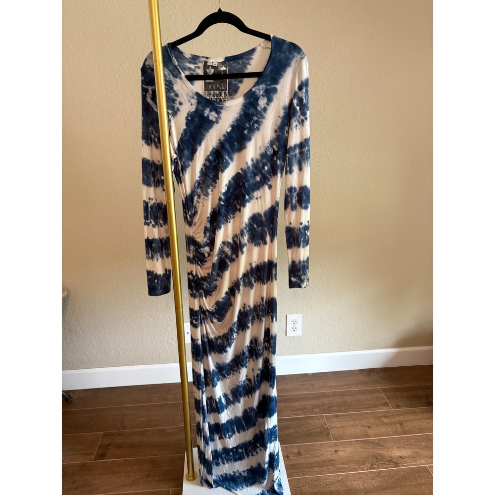 Young Fabulous & Broke Blue Tie Dye Ruched Maxi Dress S Beach Bohemian Travel - Picture 1 of 5